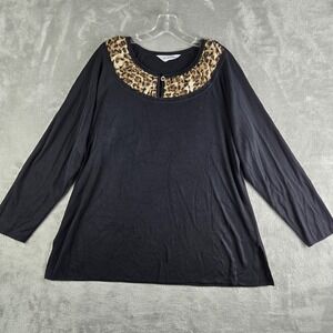Exclusively Misook Top Womens Large Black Knit Leopard Trim Detail Long Sleeve‎